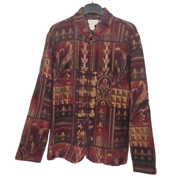 Coldwater Creek Burgundy Purple Fleur-de-lis Zip-up Tapestry Jacket Women's L - Picture 1 of 8